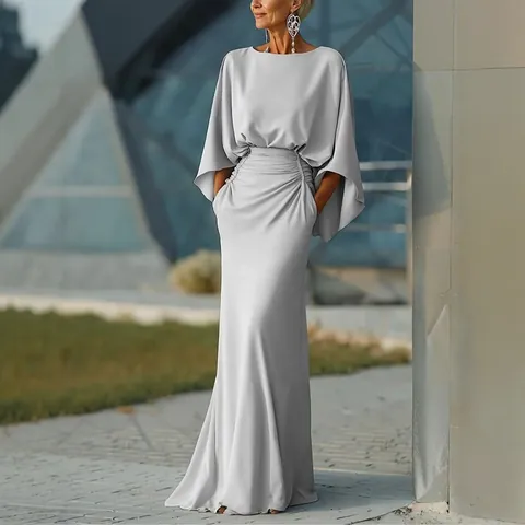 Elegant Women European Style Backless Maxi Dress Batwing Sleeve Pleated Waist Long Dress With Pockets Slim Fit Banquet Party Formal Dress