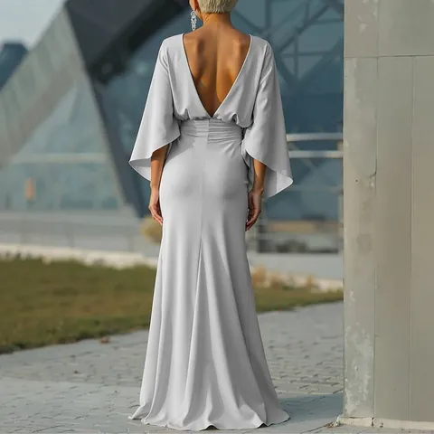 Elegant Women European Style Backless Maxi Dress Batwing Sleeve Pleated Waist Long Dress With Pockets Slim Fit Banquet Party Formal Dress