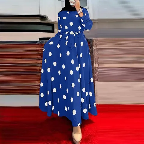 Γυναικείο Ethnic Πουά Μακρυμάνικο Maxi Φόρεμα Χαλαρό Casual Τυπωμένο Φόρεμα Με Κορδόνι στη Μέση Μόδα