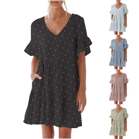 Women Summer V-Neck Ruffle Sleeve Dress Casual Loose Printed Tiered Midi Dress With Pockets Polka Dot Floral Boho Dress