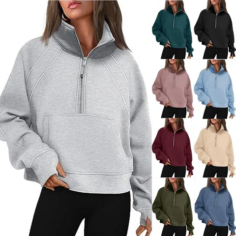 Women Half Zip Stand Collar Sweatshirt Casual Solid Color Long Sleeve Pullover With Thumbholes Pocket Top