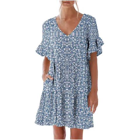 Women Summer V-Neck Ruffle Sleeve Dress Casual Loose Printed Tiered Midi Dress With Pockets Polka Dot Floral Boho Dress
