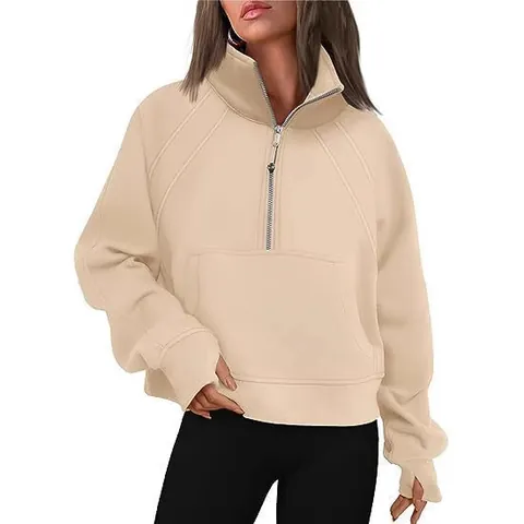 Women Half Zip Stand Collar Sweatshirt Casual Solid Color Long Sleeve Pullover With Thumbholes Pocket Top