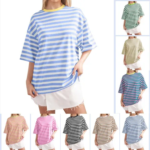 Γυναικείο Casual Ριγέ Τυπωμένο Βαμβακερό T-Shirt Χαλαρή Εφαρμογή Στρογγυλή Λαιμόκοψη Μισό Μανίκι Καλοκαιρινό Top