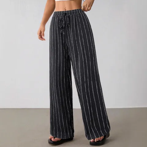 Women Striped Wide Leg Pants Drawstring Elastic Waist Casual Loose Full Length Trousers Vertical Stripe Polyester Spandex Fashion Bottom