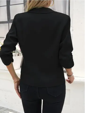 Women Business Casual Ruched Half Sleeve Blazer Polyester Notch Lapel Slim Fit Single Button Office Wear Jacket Solid Top