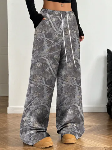Dames American Streetwear Camouflage Broek Wijde Pijpen Hoge Taille Trekkoord Losse Casual Onderbroek Hip Hop Mode Broek