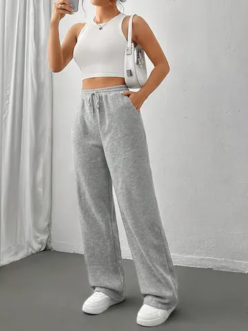 Women High Waist Loose Wide Leg Sweatpants Thickened Fleece Casual Drawstring Joggers With Pockets European Style Athletic Pants