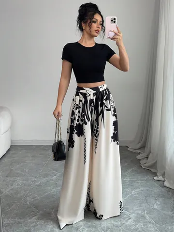 Γυναικείο Σετ Δύο Τεμαχίων Μαύρο Crop Top και Εμπριμέ Παντελόνα Ψηλόμεσο Φλοράλ Ίσιο Παντελόνι Κομψό Καλοκαιρινό Casual