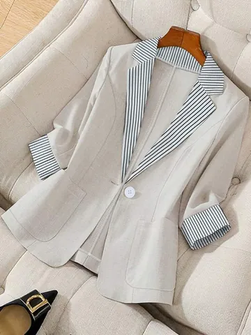 British Style Women Contrast Lapel Blazer Loose Elegant Patchwork Stripe Sleeve Single Button Commuter Suit Jacket Top