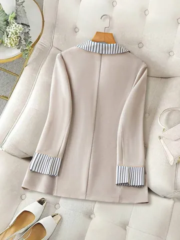 British Style Women Contrast Lapel Blazer Loose Elegant Patchwork Stripe Sleeve Single Button Commuter Suit Jacket Top