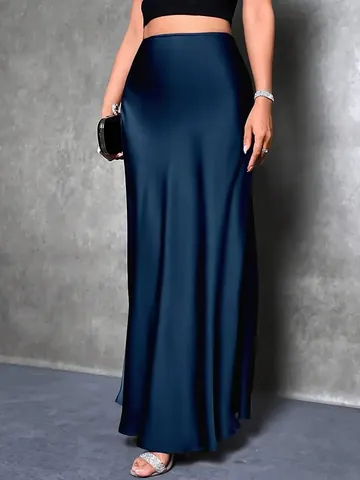 Elegant High Waist Satin Mermaid Maxi Skirt Solid Color Silky Long Skirt For Evening Party Commuting Women Navy Blue Bottom