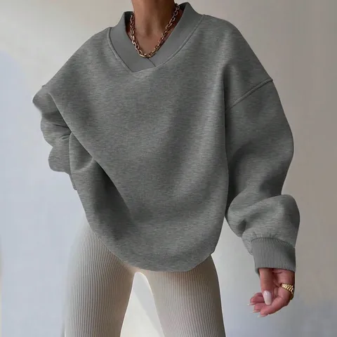 Women's Casual Oversized Sweatshirt Solid Color Cotton Blend Long Sleeve Top Round Neck Ribbed Trim Pullover Sporty Jumper