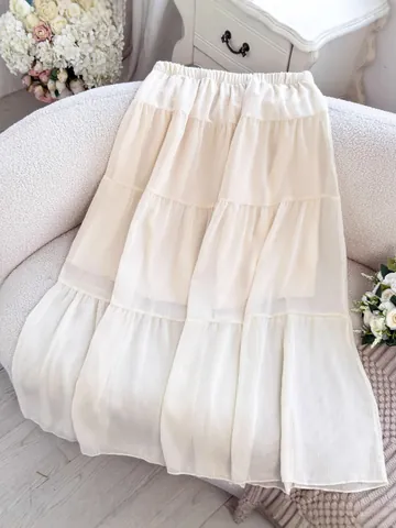 French Style Creamy White Chiffon Tiered Maxi Skirt For Women Casual Solid Color Elastic Waist Patchwork Long Skirt Summer