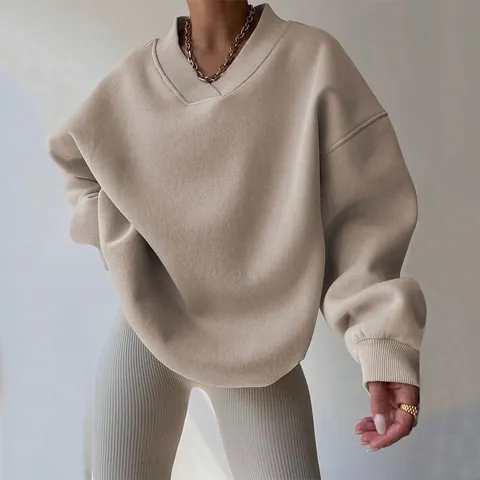 Women's Casual Oversized Sweatshirt Solid Color Cotton Blend Long Sleeve Top Round Neck Ribbed Trim Pullover Sporty Jumper