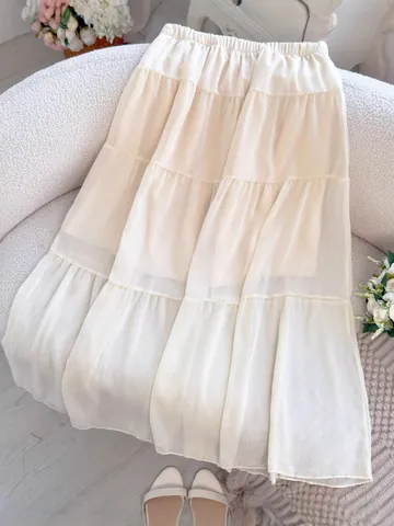 French Style Creamy White Chiffon Tiered Maxi Skirt For Women Casual Solid Color Elastic Waist Patchwork Long Skirt Summer