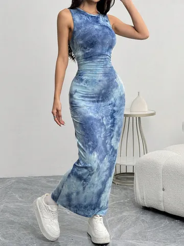 Women Sexy Sleeveless Tie-Dye Printed Midi Dress Slim Fit Knitted Bodycon Tank Dress For Summer Beach Casual Party Top And Bottom