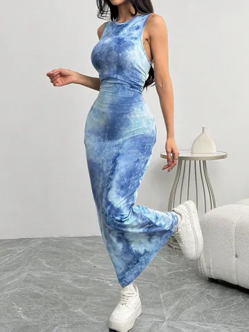Women Sexy Sleeveless Tie-Dye Printed Midi Dress Slim Fit Knitted Bodycon Tank Dress For Summer Beach Casual Party Top And Bottom