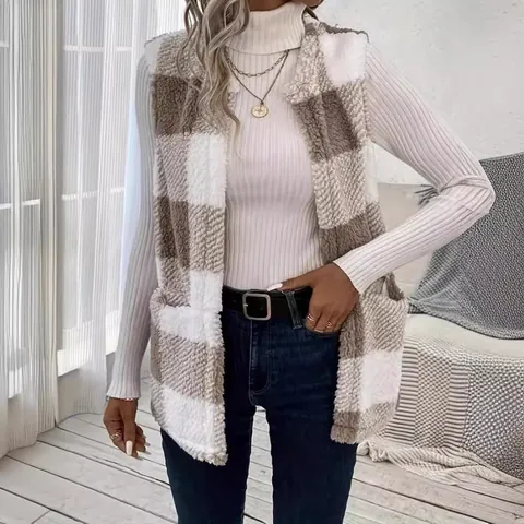 Women Plaid Furry Vest Loose Cardigan Sleeveless Jacket With Pockets Winter Warm Wool Outerwear Top