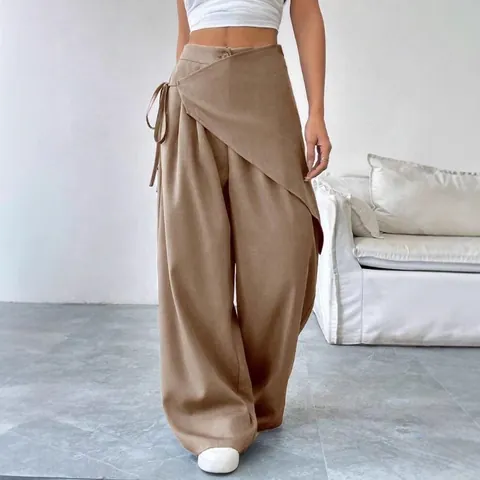Women's Irregular Design High Waist Wide Leg Suit Pants Elegant Loose Fit Tie Detail Straight Trousers Casual Dress Pants