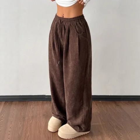 Women Vintage Corduroy Loose Pants Retro High Waist Drawstring Streetwear Wide Leg Trousers With Pockets Casual Bottom