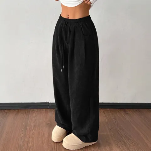 Women Vintage Corduroy Loose Pants Retro High Waist Drawstring Streetwear Wide Leg Trousers With Pockets Casual Bottom