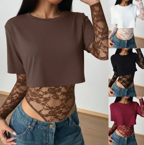 Women Sexy Lace Patchwork Bodysuit Short Sleeve Round Neck Slim Fit Top And Bottom Solid Color Hollow Out Elegant Jumpsuit Top