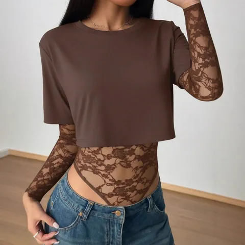 Women Sexy Lace Patchwork Bodysuit Short Sleeve Round Neck Slim Fit Top And Bottom Solid Color Hollow Out Elegant Jumpsuit Top