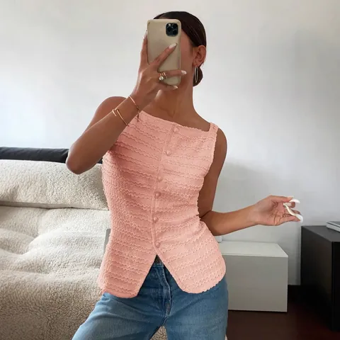 Dames Slim Fit Mouwloze Tank Top Single Breasted Ronde Hals Polyester Rimpel Textuur Effen Kleur Casual Chic Zomer Top