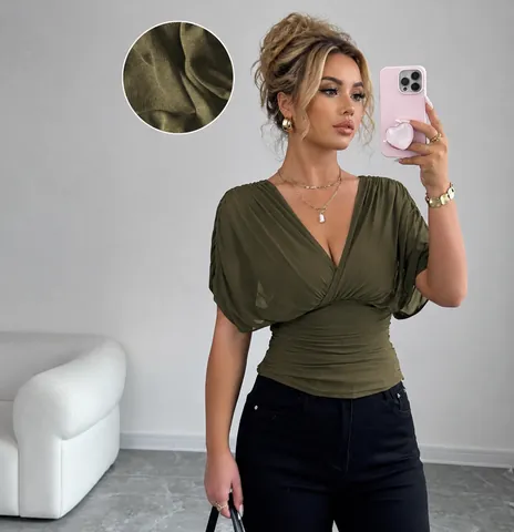Women Deep V-Neck Flutter Sleeve Top Sexy Ruched Waist Polyester T-Shirt Solid Color Slim Fit Fashion Top For Daily Party Dating