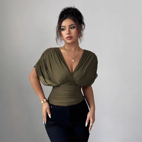 Women Deep V-Neck Flutter Sleeve Top Sexy Ruched Waist Polyester T-Shirt Solid Color Slim Fit Fashion Top For Daily Party Dating