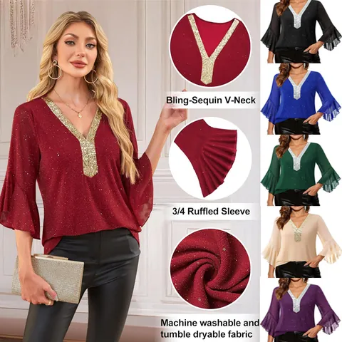 Women Sequin Deep V Neck Blouse Flare Sleeve Patchwork Sparkly Party Top Casual Streetwear Fashion Ruffled Ladies Shirt