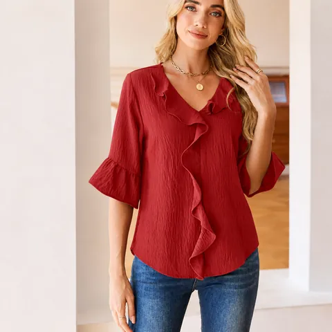 Women Casual Polyester V-Neck Ruffle Top Loose Fit Half Sleeve Woven Blouse Solid Color Summer Fashion Tee Top