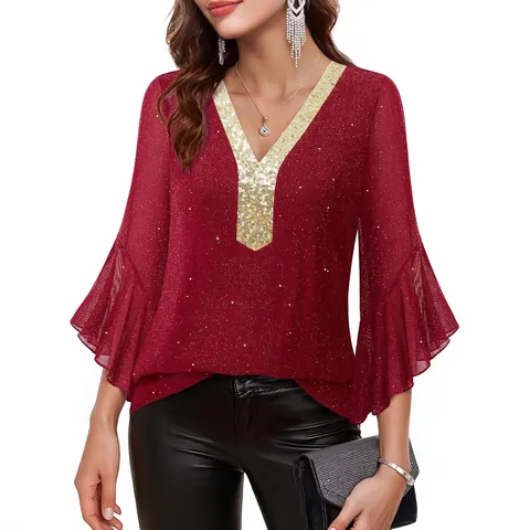 Women Sequin Deep V Neck Blouse Flare Sleeve Patchwork Sparkly Party Top Casual Streetwear Fashion Ruffled Ladies Shirt