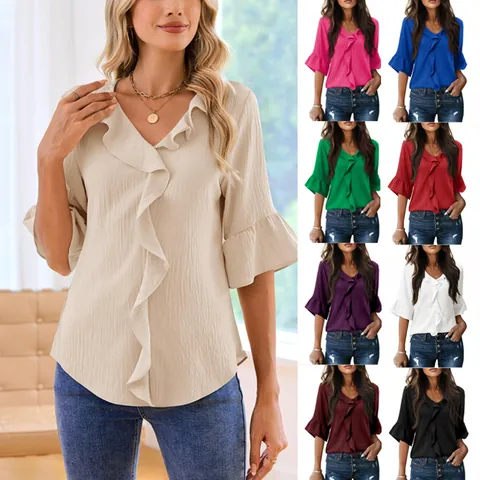 Women Casual Polyester V-Neck Ruffle Top Loose Fit Half Sleeve Woven Blouse Solid Color Summer Fashion Tee Top