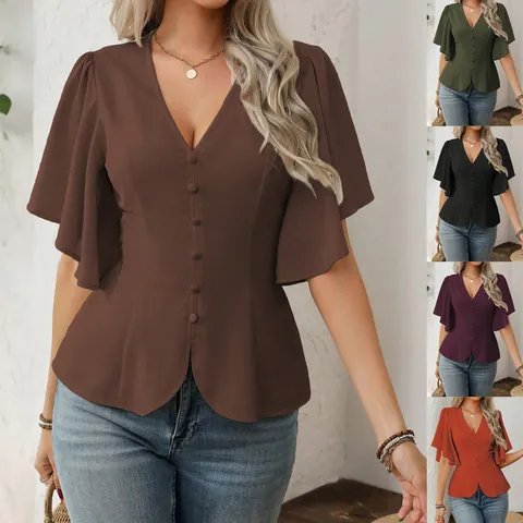 Women Deep V-Neck Short Sleeve Top Solid Color Single-Breasted Peplum Waist Flutter Sleeve Blouse Shirt Casual Elegant Top