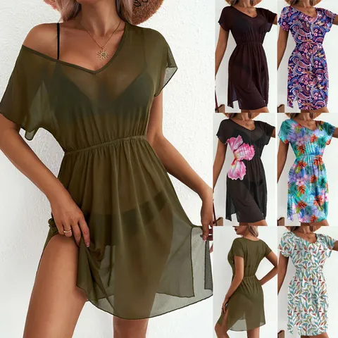 Damen Mode V-Ausschnitt Netz Mini Kleid Ärmellos Wespentaille Lässig Strand Cover Up Sommer Floral Blatt Print Kleid Für Urlaub