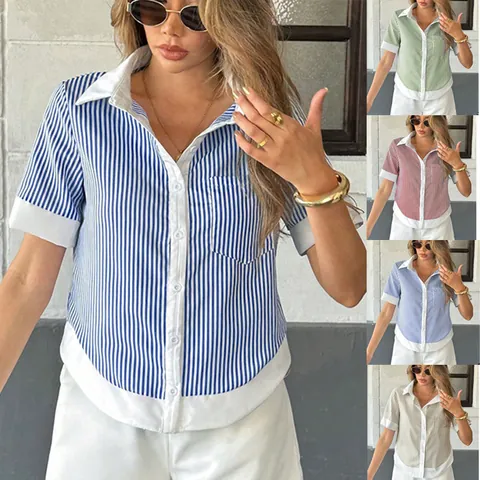 Women Color Block Striped Polo Neck Short Sleeve Top Button Down Loose Casual Contrast Patchwork Polyester Fashion T-Shirt