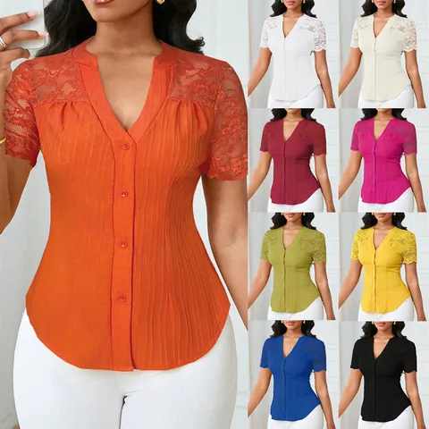 Women Slim Fit Short Sleeve Top Lace Patchwork Hollow Out V Neck Single Breasted Solid Ribbed Elegant Casual T-Shirt