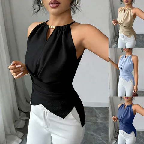 Top Halter para Mujer Sexy Fruncido Sin Mangas Cruzado Delante Poliéster Corte Ajustado con Cuentas de Madera para Playa y Fiesta