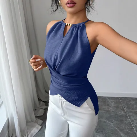 Top Halter para Mujer Sexy Fruncido Sin Mangas Cruzado Delante Poliéster Corte Ajustado con Cuentas de Madera para Playa y Fiesta