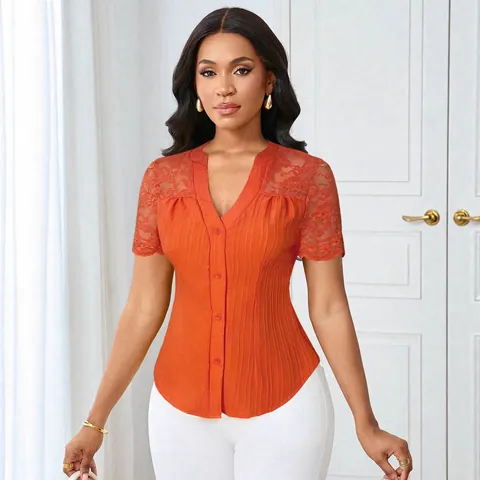 Women's Slim Fit Short Sleeve V-Neck Button Down Top With Lace Patchwork Embroidery Hollow Out Ribbed T-Shirt Casual Streetwear