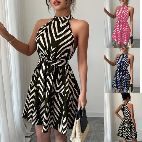 Women's Fashion Halter Neck Sleeveless Stand Collar Wave Striped Printed Mini Dress Sexy Bodycon Waist Tie Short Dress