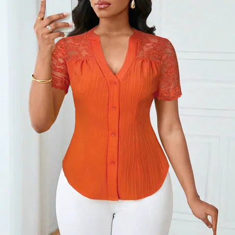Women Slim Fit Short Sleeve Top Lace Patchwork Hollow Out V Neck Single Breasted Solid Ribbed Elegant Casual T-Shirt