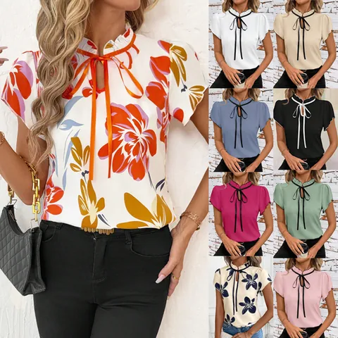 Women's Fashion Casual Floral Print T-Shirt Ruffled Round Neck Lace Up Short Sleeve Top Elegant Polyester Daily Basic Blouse