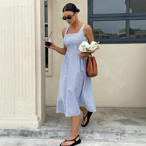 French Style Square Neck Sleeveless Striped Midi Dress Elegant Slim Waist Color Block A-Line Summer Vacation Long Sun Dress