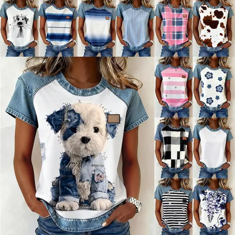 Women Fashion Casual Round Neck Color Block Printed T-Shirt Loose Short Sleeve Top With Denim Splicing Effect Soft Polyester