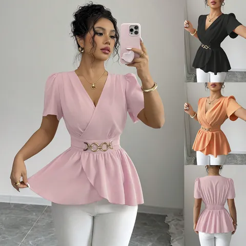 Elegante Top a Portafoglio da Donna con Scollo a V Manica Corta Maglietta a Vita Peplum con Cintura a Catena in Metallo Tinta Unita Camicetta Estiva