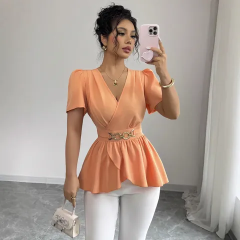 Elegante Top a Portafoglio da Donna con Scollo a V Manica Corta Maglietta a Vita Peplum con Cintura a Catena in Metallo Tinta Unita Camicetta Estiva