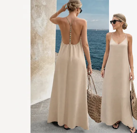Women Sexy V Neck Backless Cami Maxi Dress Crinkle Textured Spaghetti Strap Beaded Dress Summer Beach Vacation Long Dress